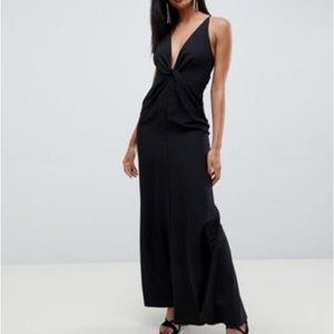 Black maxi dress with knot front and open back in crepe